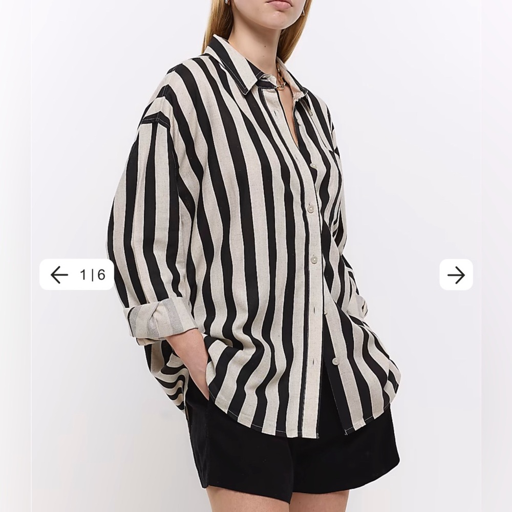 River Island Black Stripe Button Down with Linen Blend, Size XS, New With Tag